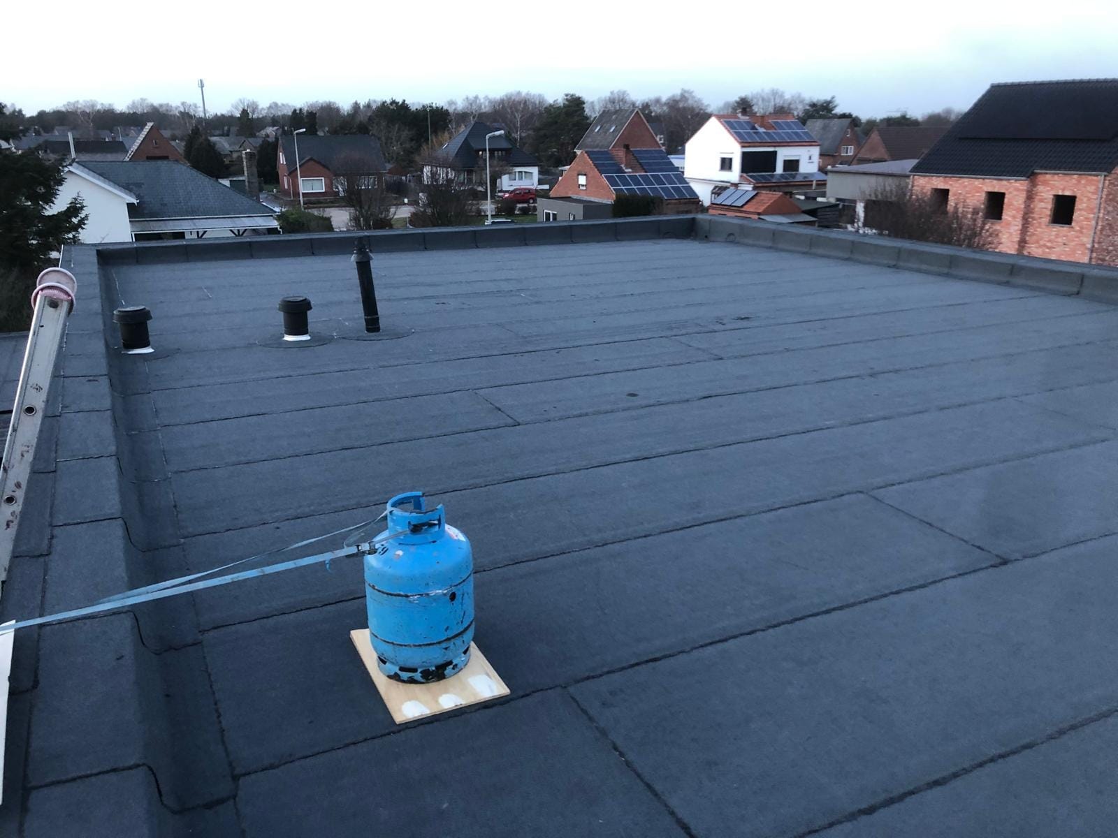 Uitgestrekt industrieel bitumendak met minerale toplaag, ontluchtingen en een brede wolkenlucht.
